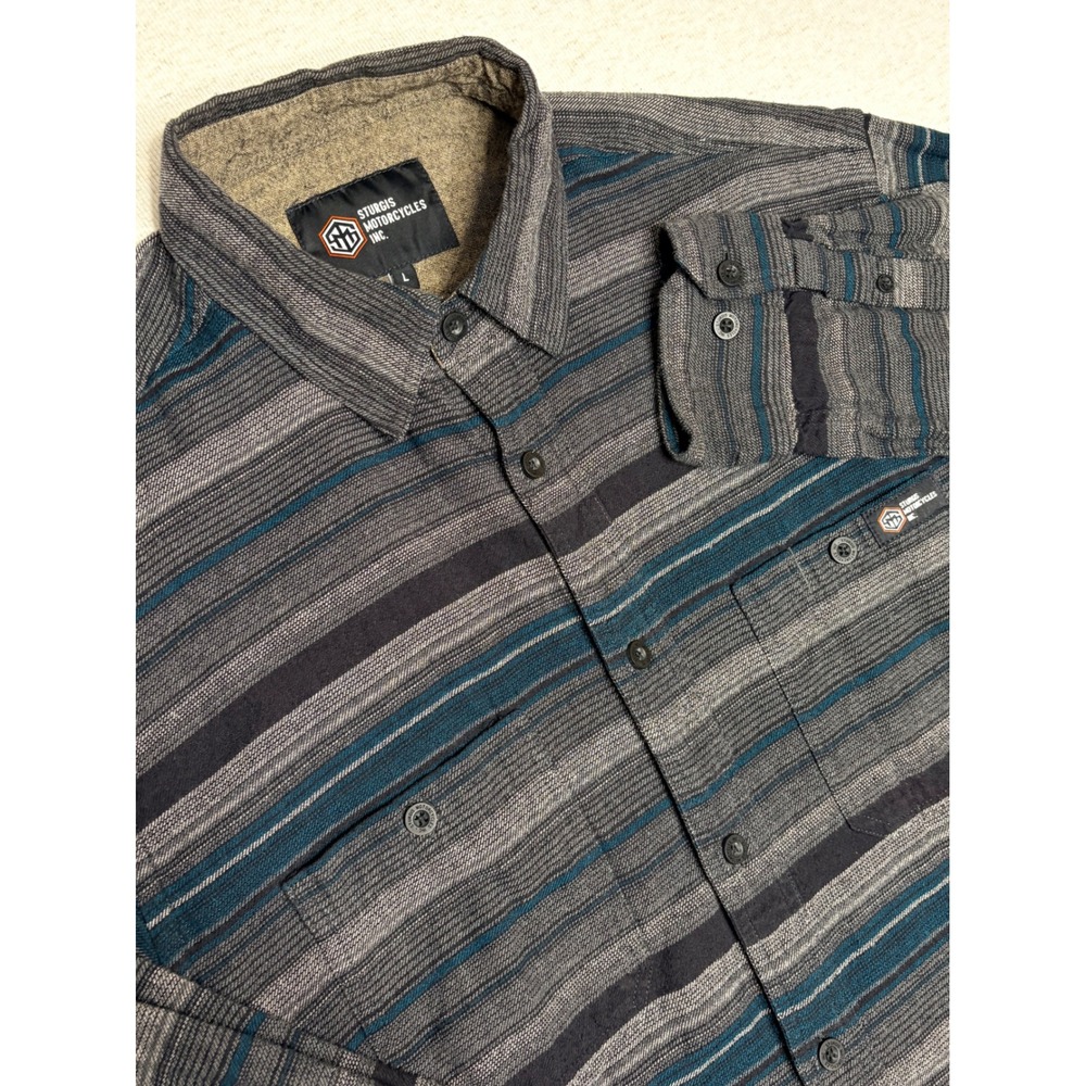 Sturgis Motorcycles Inc Mens Large Striped Cotton Button Down Flannel Shirt Grey